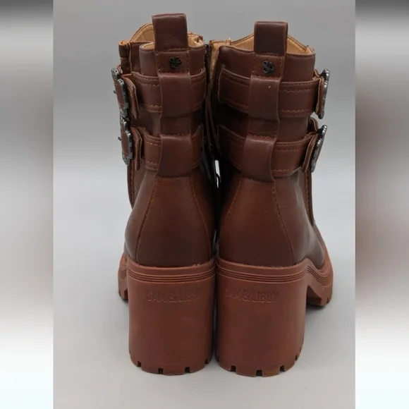 SAM & LIBBY CHIARA AMBERSAND FAUX LEATHER BOOTS Brown Leather ABOVE Ankle Boots - Picture 2 of 6